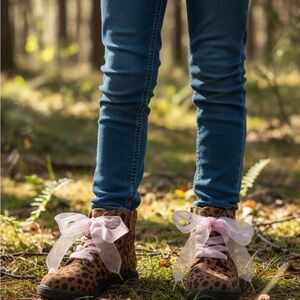 Cat & Jack Girls Leopard Print Ankle Boots with Pink Organza Laces Size 11.